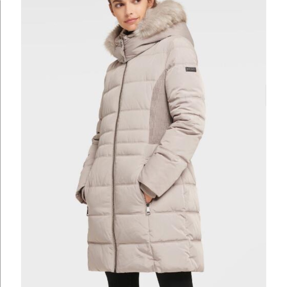 Long faux fur hooded puffer taupe DKNY